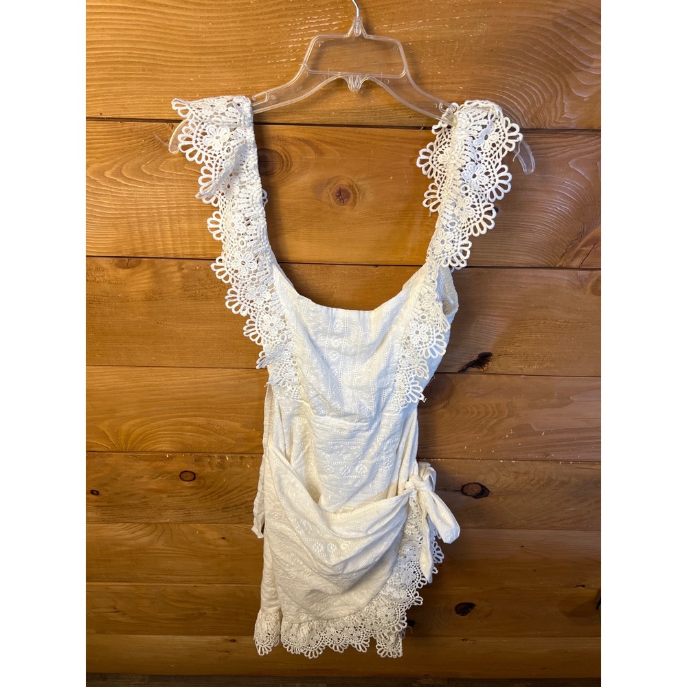 O. VIANCA White Lace Dress Tie Back Party Summer Elegant Women's L Mini Wedding